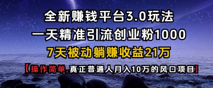 全新赚钱平台3.0玩法一天精准引流创业粉1000.7天被动躺Z收益21W【仅揭秘】-天使资源网