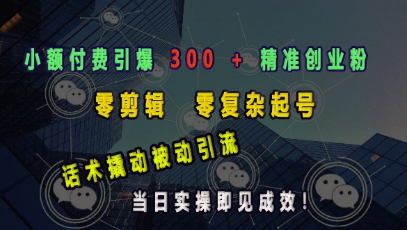 小额付费引爆 300 + 精准创业粉，零剪辑、零复杂起号，话术撬动被动引流，当日实操即见成效-天使资源网