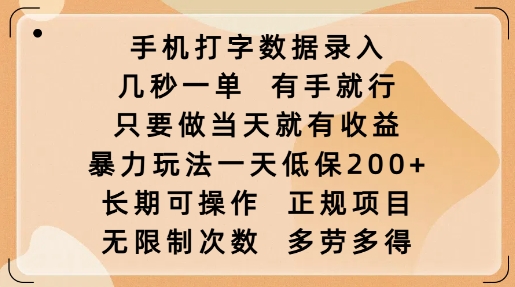 手机打字数据录入，几秒一单，有手就行，只要做当天就有收益，暴力玩法一天低保2张-天使资源网
