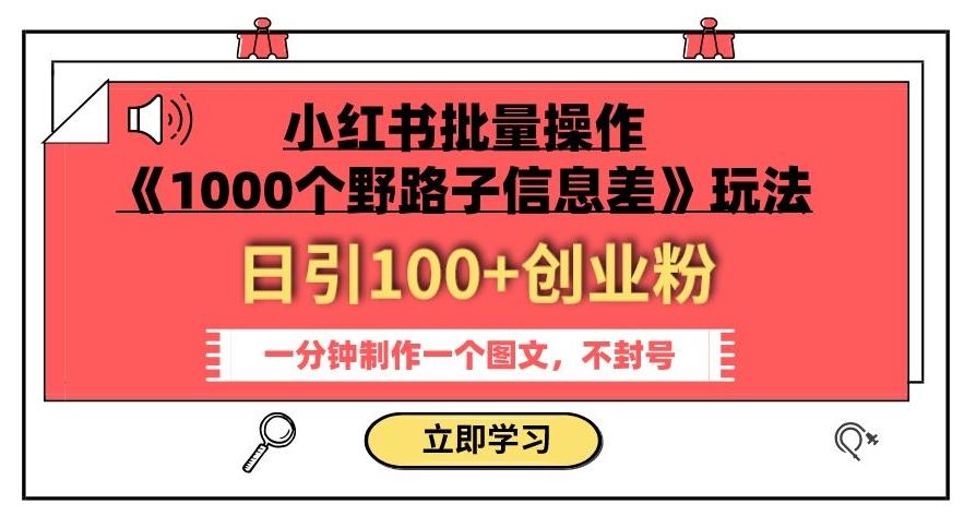 小红书批量操作《1000个野路子信息差》玩法，一分钟制作一个图文，不封号，日引100+创业粉-天使资源网