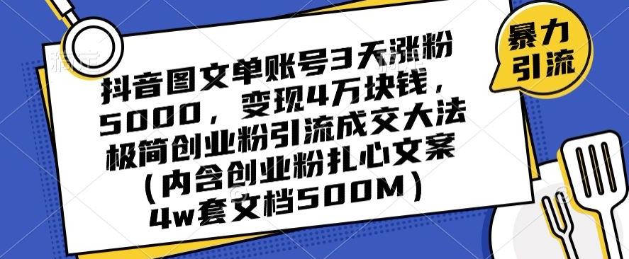 抖音图文单账号3天涨粉5000，变现4万块钱，极简创业粉引流成交大法-天使资源网