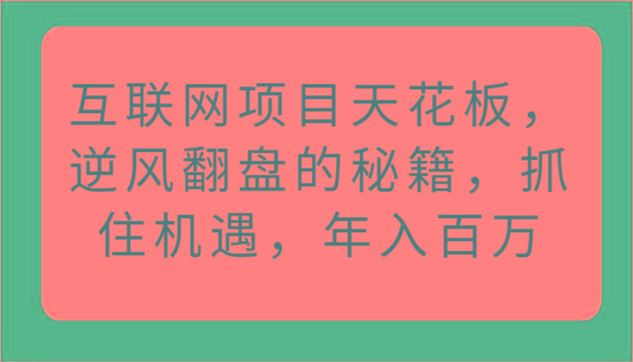 互联网项目天花板，逆风翻盘的秘籍，抓住机遇，年入百万-天使资源网