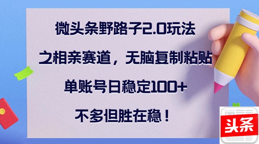 微头条野路子2.0玩法之相亲赛道，无脑复制粘贴，单账号日稳定100+，不…-天使资源网